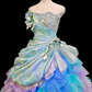 Enchanting Pastel Rainbow Strapless 3D Floral Applique & Ruffled Tulle Sweet 16 Quinceanera Ball Gown DP7274