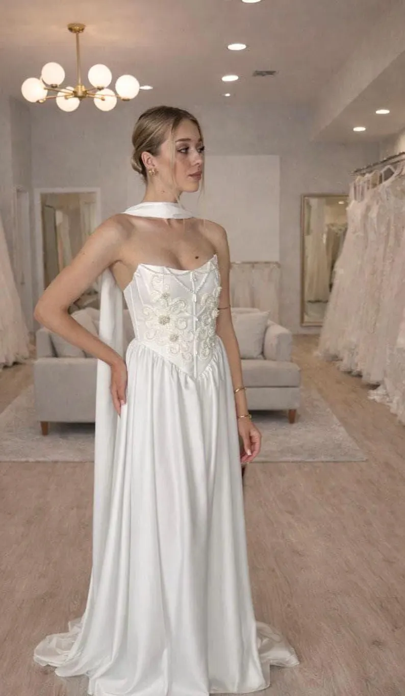 Elegant Embroidered Satin A-Line Strapless Wedding Dress DP8394