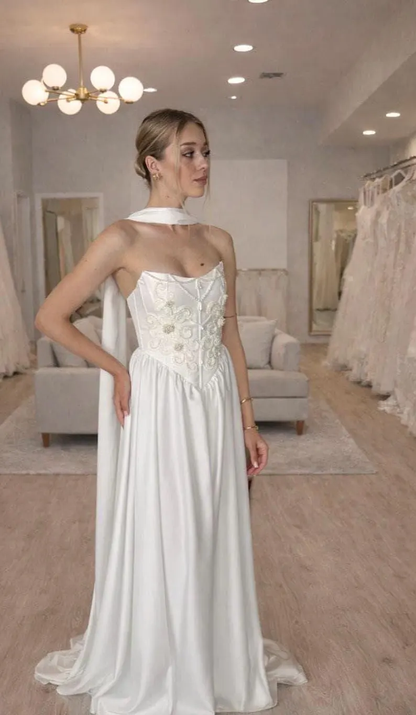 Elegant Embroidered Satin A-Line Strapless Wedding Dress DP8394