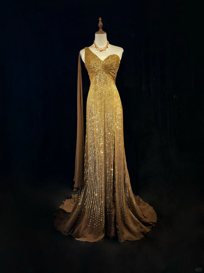 Robe de bal fourreau à sequins dorés, asymétrique, fendue jusqu'à la cuisse, DP7110