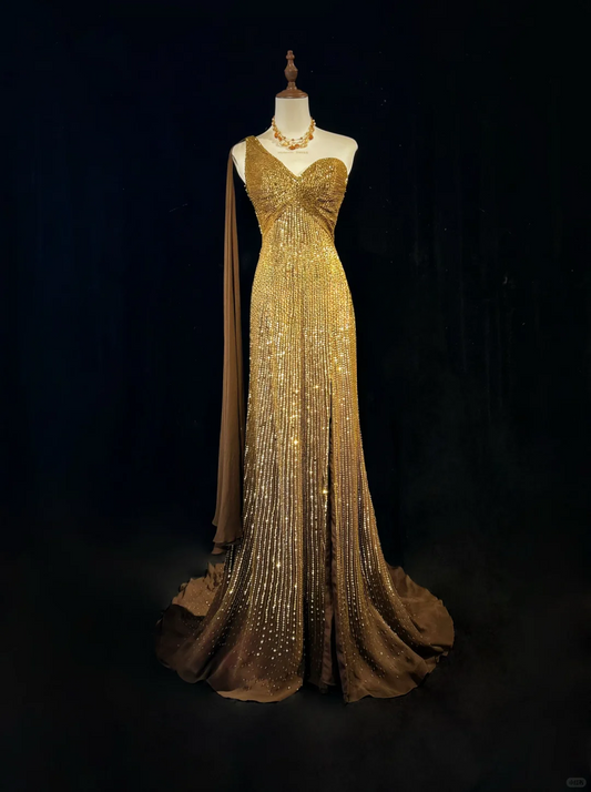 Robe de bal fourreau à sequins dorés, asymétrique, fendue jusqu'à la cuisse, DP7110