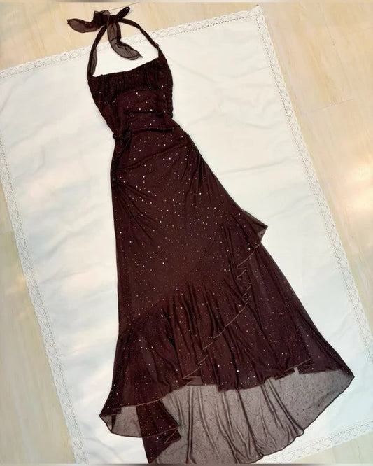 Vintage Burgunderrot Glänzende Pailletten Neckholder A-Linie Ballkleid Abendkleid DP6369