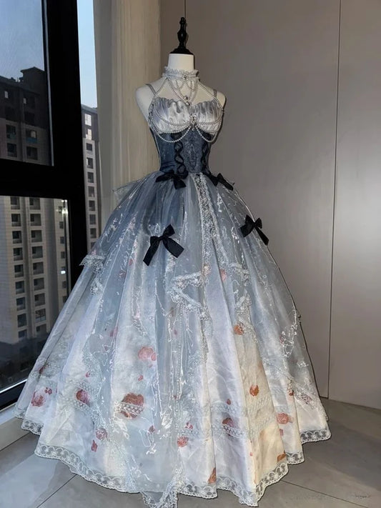 Beautiful Light Blue Lace Tulle  Spaghetti Strap Sweet 16 Quinceanera A-Line Evening Dress Ball Gown DP6279