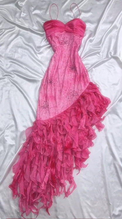 Vintage Hot Pink Sweetheart A-Linie Ballkleid Perlen Rüschen Chiffon Spaghettiträger Formales Kleid, DP6548