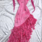 Vintage Hot Pink Sweetheart A-Linie Ballkleid Perlen Rüschen Chiffon Spaghettiträger Formales Kleid, DP6548