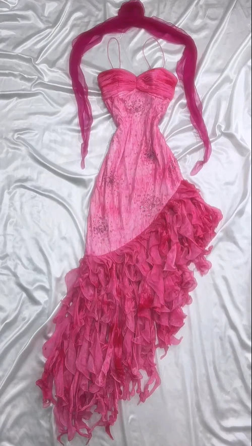 Vintage Hot Pink Sweetheart A-Linie Ballkleid Perlen Rüschen Chiffon Spaghettiträger Formales Kleid, DP6548