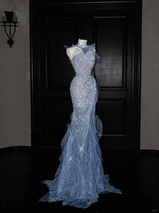 Blue Straps Ruffles Mermaid Beading Long Evening Dress Birthday Outfits, DP5091