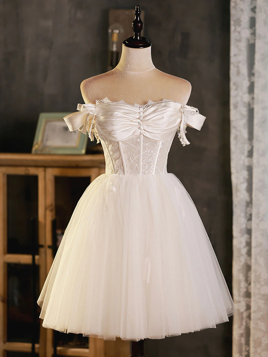 Vintage White Lace Off-the-shoulder Design A-line Tulle Party Dress Homecoming Dress DP6066