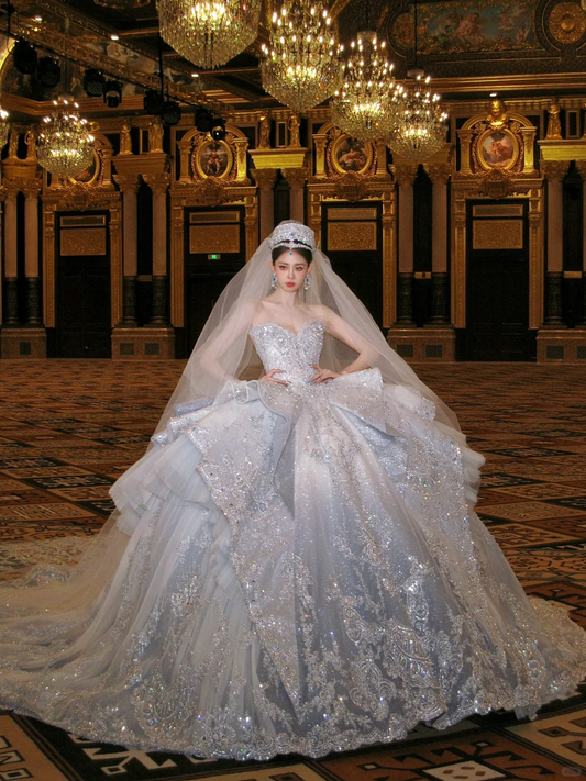 Superbe robe de mariée trapèze à paillettes et perles brillantes, robe de bal, robe de soirée DP6255