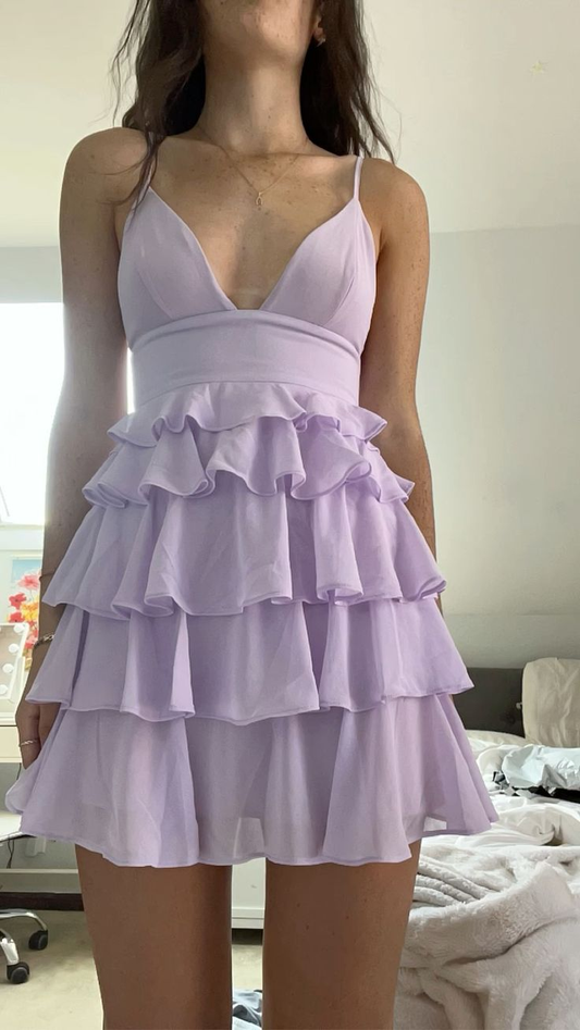 Lilac Straps A-Line Tiered Short Party Dresses Cute Homecoming Dresses, DP5727