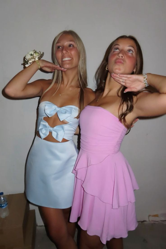 Blue Strapless A-Line Satin Short Party Dresses Cute Homecoming Dresses, DP5728