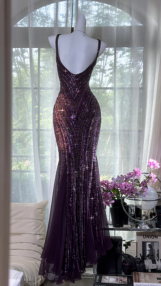 Gorgeous Purple Beaded Sequin V-neck Mermaid Elegant Chiffon Evening Dress Prom Dresses DP6147
