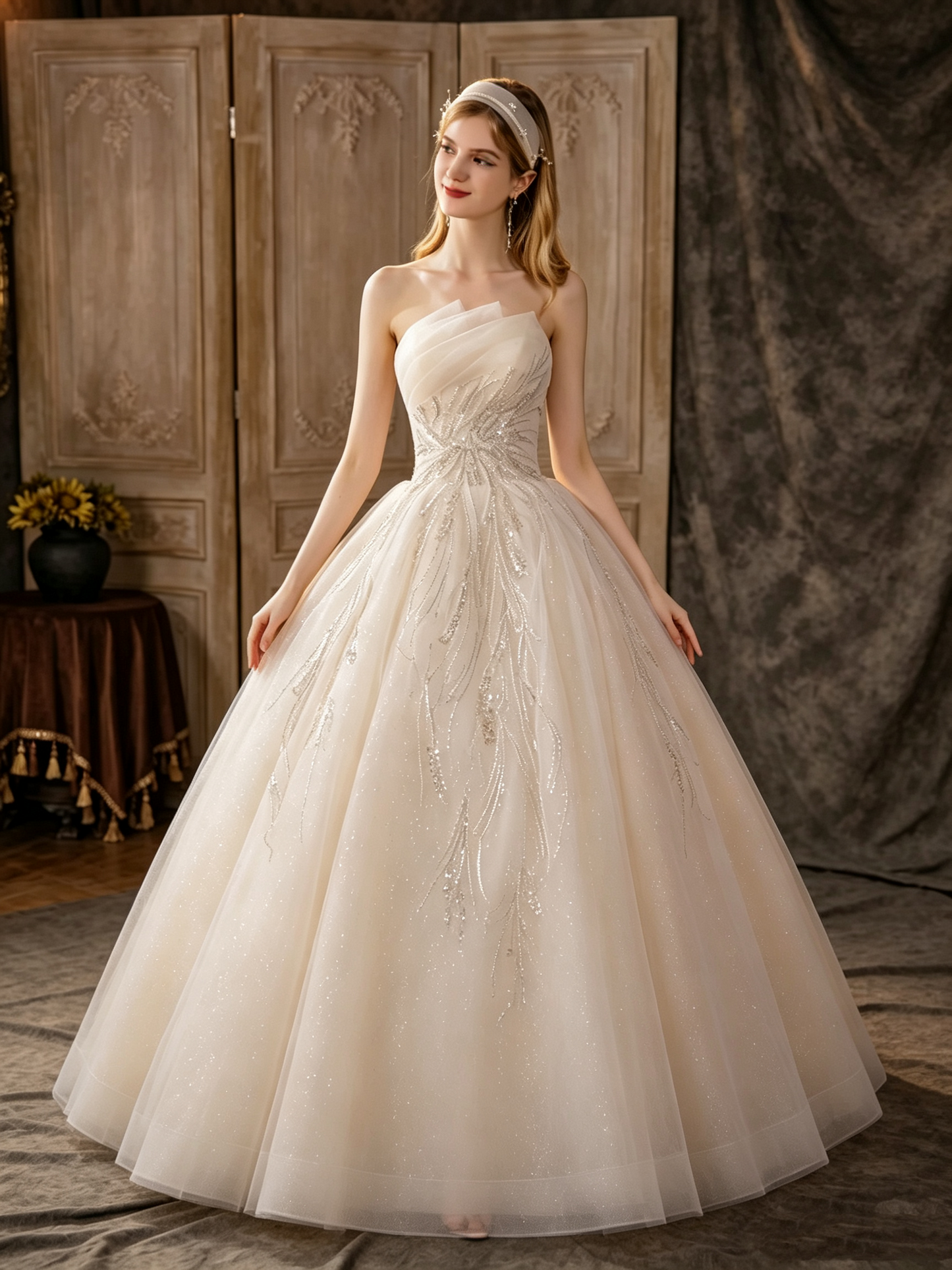 Romantic Strapless Pleated Sparkly Beaded Sequins Glitter Tulle A-Line Wedding Dress DP8848