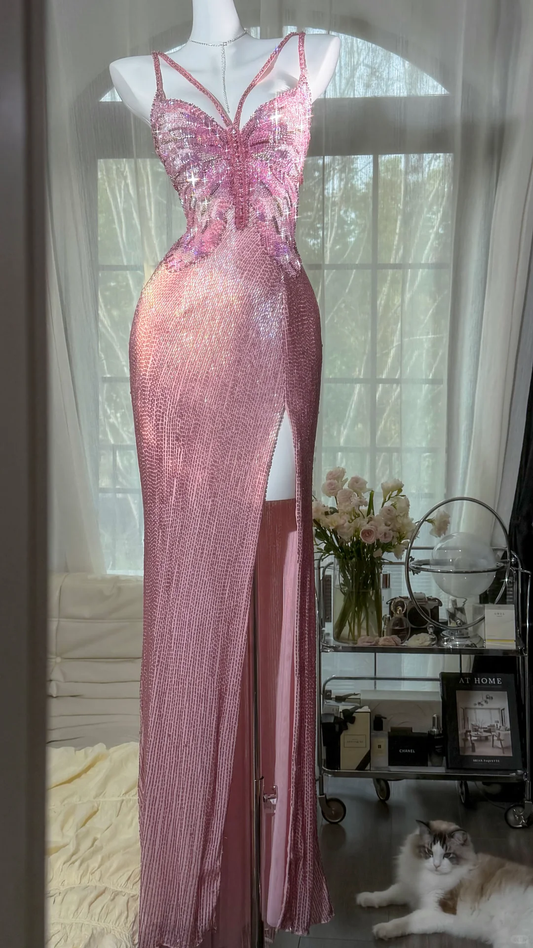 Glamorous Pink Butterfly Beaded Strappy Maxi High Slit Evening Dress Prom Dress DP8121