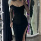 Black Off Shoulder Sheath Split Long Evening Party Dress, DP4329