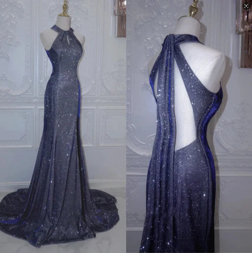 Shiny Navy Halter Backless Mermaid Satin Long Formal Prom Dress, DP4339