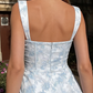 Glamorous Sweetheart Light Blue Floral Corset Midi Prom Dress Ruched Slit Evening Dress DP8102