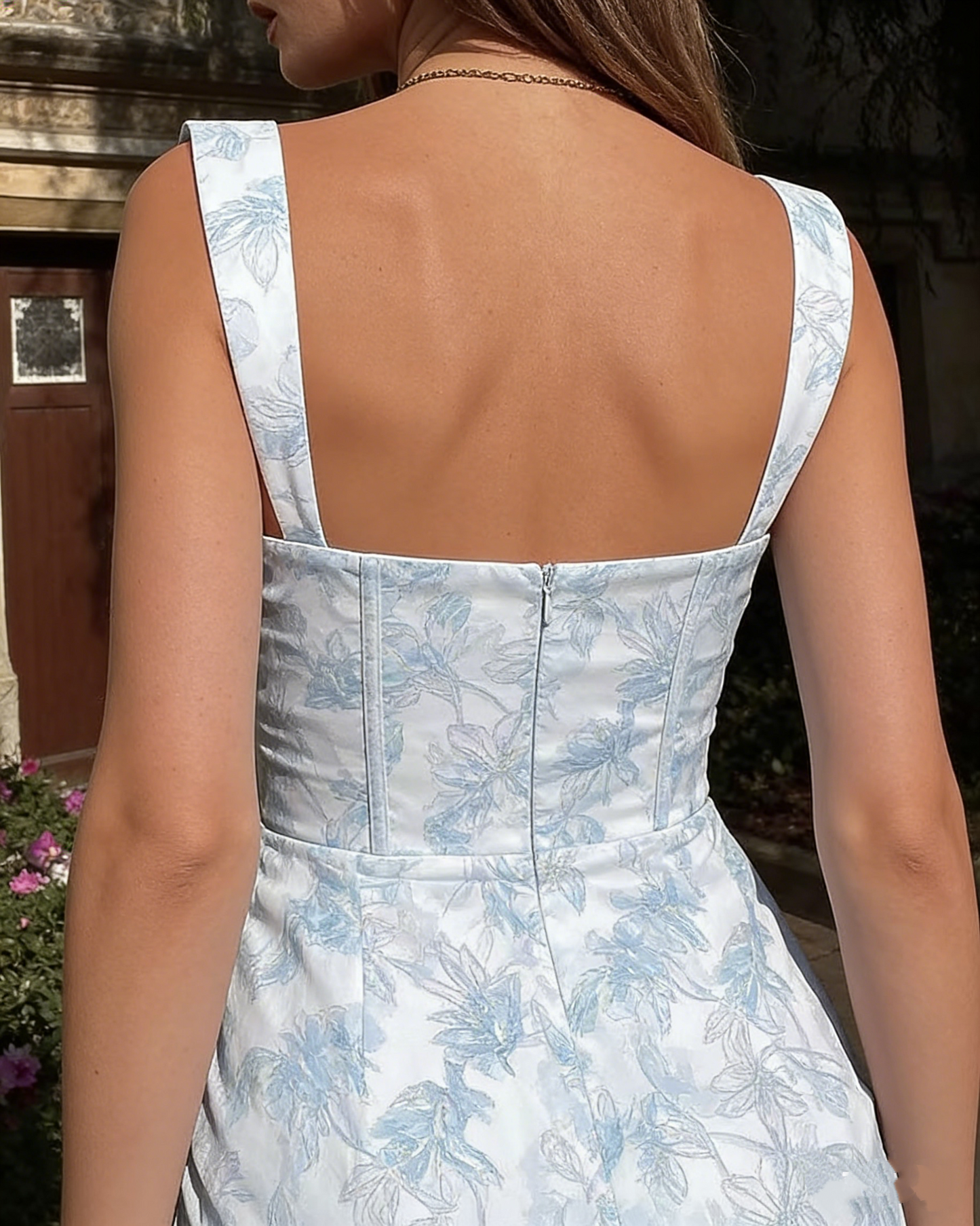 Glamorous Sweetheart Light Blue Floral Corset Midi Prom Dress Ruched Slit Evening Dress DP8102