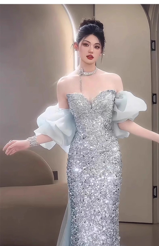 Elegantes, glänzendes, schulterfreies Meerjungfrauen-Abendkleid mit Pailletten, langes Partykleid, Abendkleid DP6464