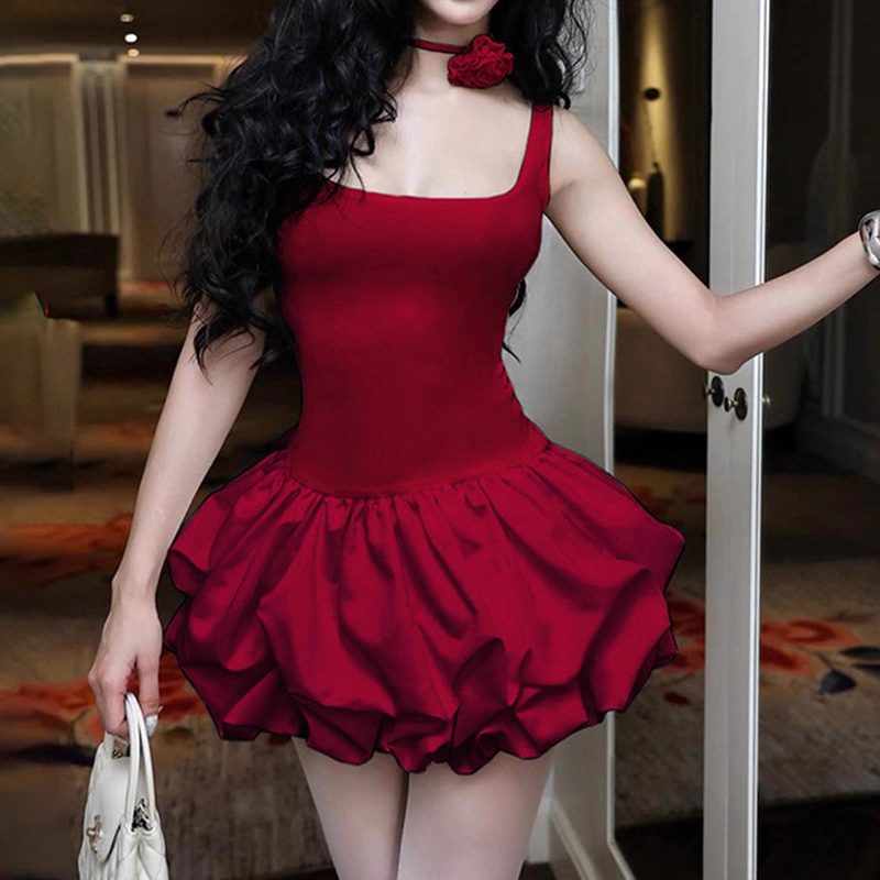 Vintage Burgundy Square-neck A-Line Ruffles Short Summer Dresses Party Dress Homecoming Dress DP6345