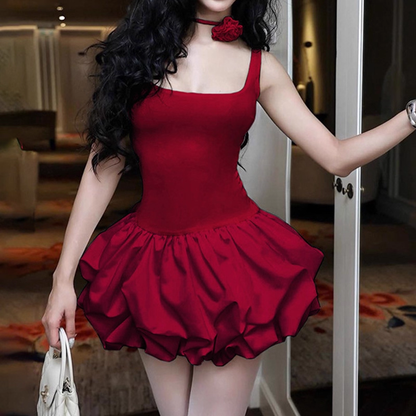 Vintage Burgundy Square-neck A-Line Ruffles Short Summer Dresses Party Dress Homecoming Dress DP6345