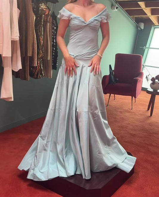 Elegant Dusty Blue Off-the-Shoulder Ruffled Satin A-Line Prom Gown Evening Dress DP8059
