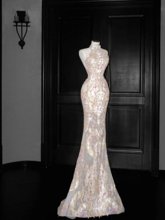 Gorgeous High Neck See-Through Beading Mermaid Long Evening Party Dress, DP5084
