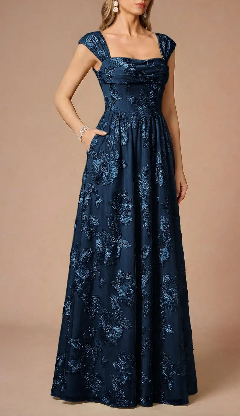 Elegant Navy Blue 3D Floral Applique Square Neck Cap Sleeve A-Line Prom Dress DP8781