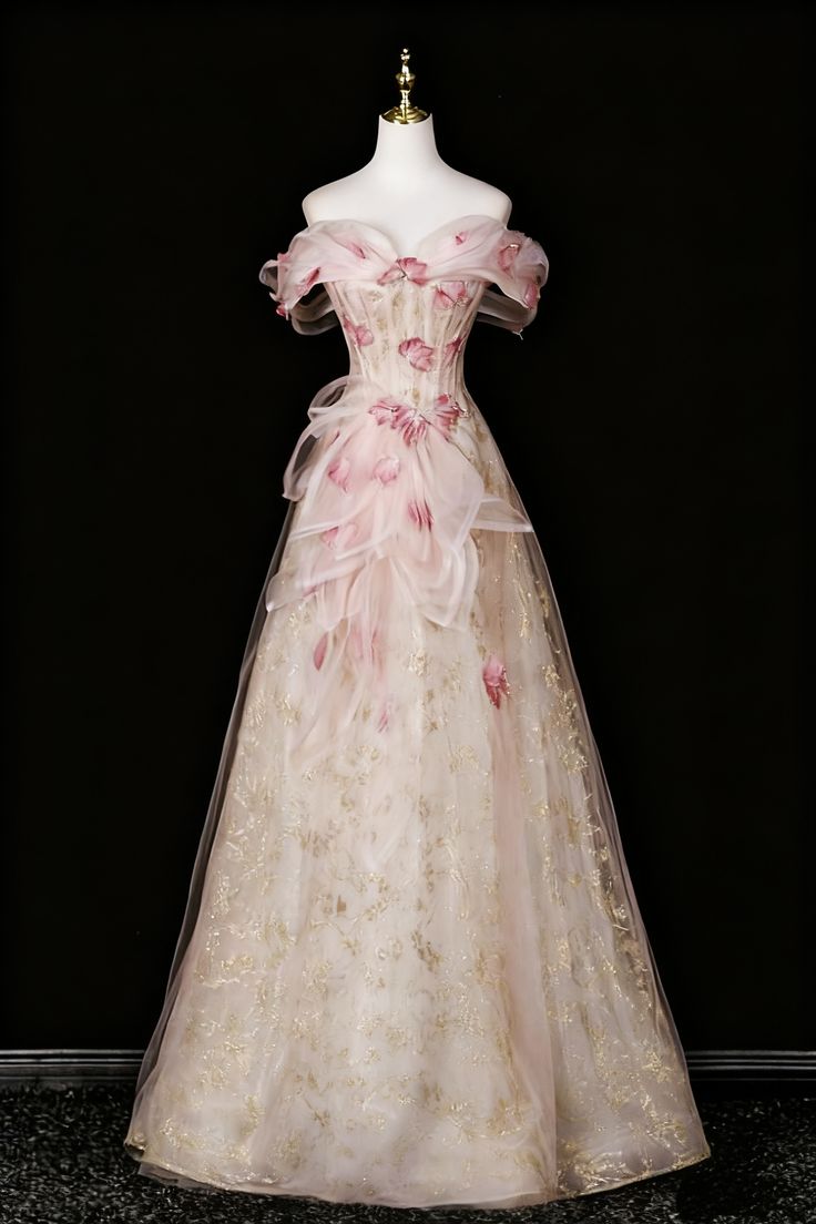 Vintage Off-the-Shoulder Evening Gown 3D Floral & Gold Embroidery Tulle Prom Dress DP7573