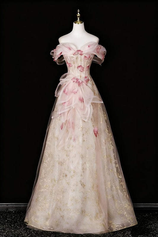 Robe de soirée vintage à épaules dénudées, broderie florale 3D et or, en tulle, référence DP7573