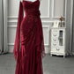 Elegant Burgundy Spaghetti Strap Cowl Neck Chiffon Mermaid Ruffle Evening Gown DP8648