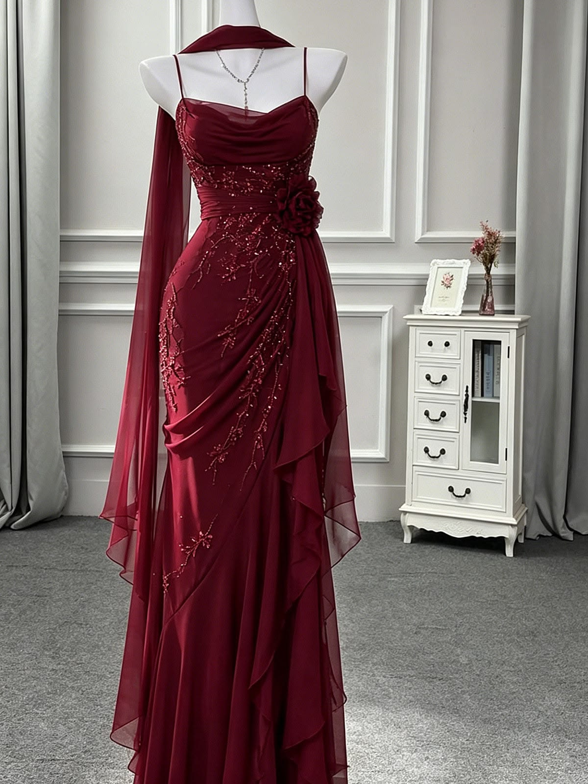 Elegant Burgundy Spaghetti Strap Cowl Neck Chiffon Mermaid Ruffle Evening Gown DP8648