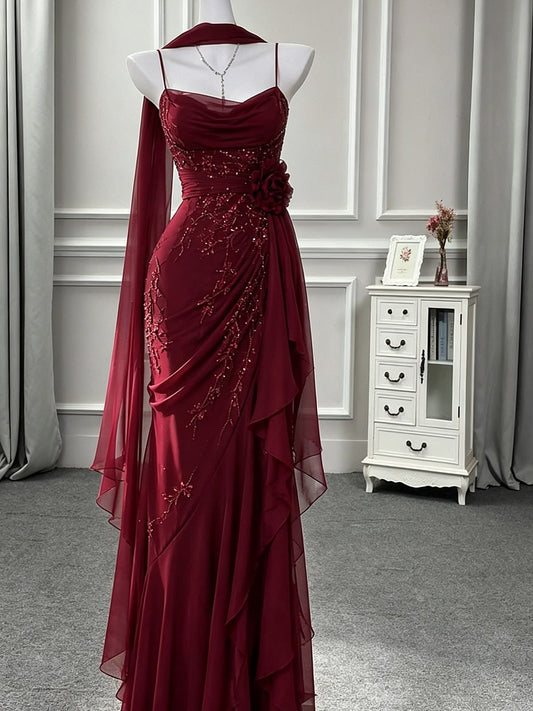 Elegant Burgundy Spaghetti Strap Cowl Neck Chiffon Mermaid Ruffle Evening Gown DP8648