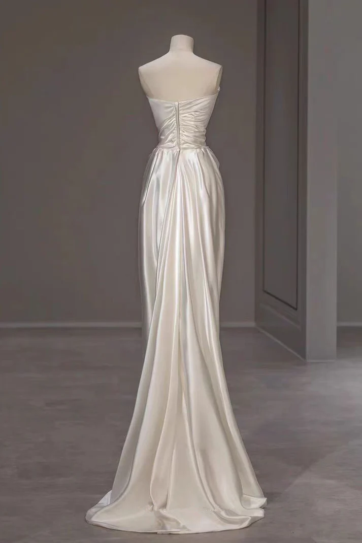 White Satin Pleats Straps Wedding Dress Elegant Party Dress, DP2827