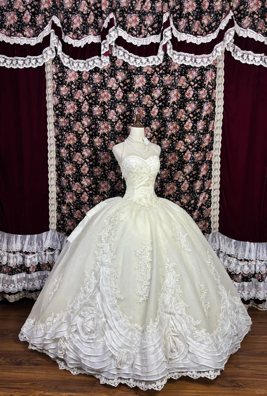 Glamorous Ivory Strapless Beaded Lace Applique A-Line Ruffled Wedding Dress DP7346