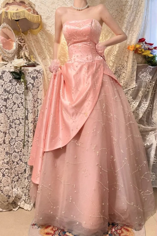 Glamorous Strapless Pink Satin & Tulle Beaded Star Embroidery Evening Gown DP8274