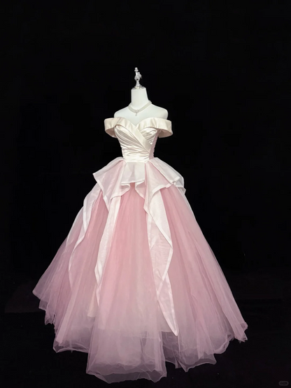 Elegant Pink Off-the-Shoulder Ball Gown Quinceanera Dress Satin Tulle Ruffled Prom Gown DP8255