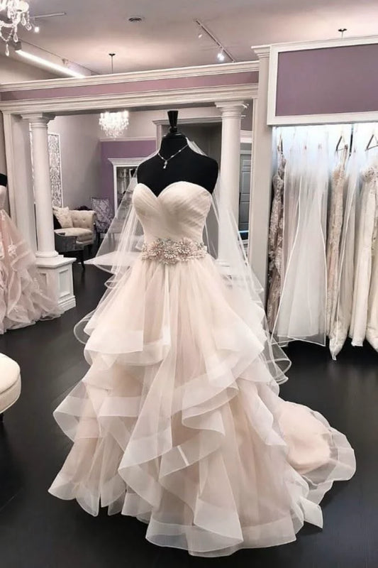 Romantic Strapless Sweetheart Tiered Ruffle Tulle Beaded Wedding Dress DP8614