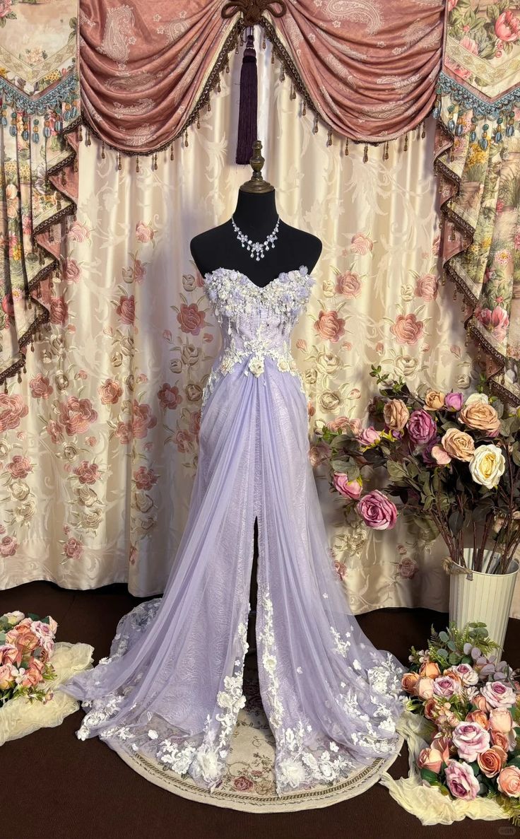 Elegant Lavender Strapless 3D Floral Applique Evening Gown Tulle Slit Prom Dress DP7966