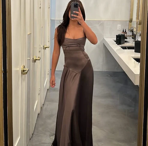 Elegant Brown Spaghetti Straps A-Line Satin Long Prom Party Dress DP38 – DSProm