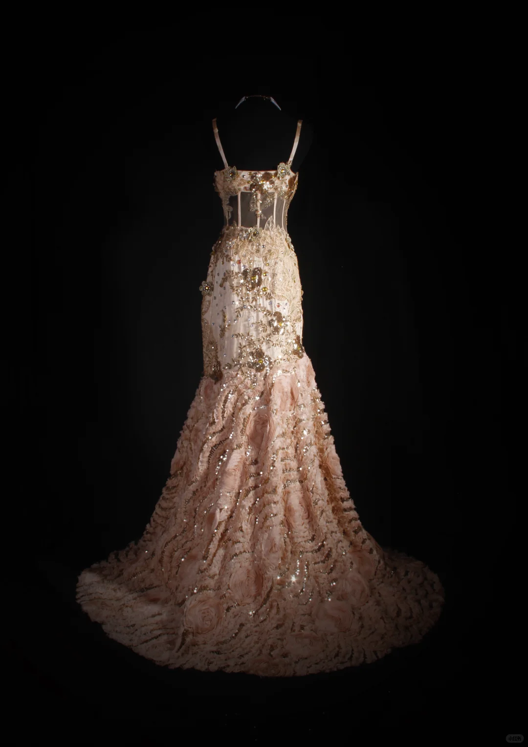 Glamorous Gold Mermaid Spaghetti Strap 3D Floral Sequin Beaded Evening Gown DP7378