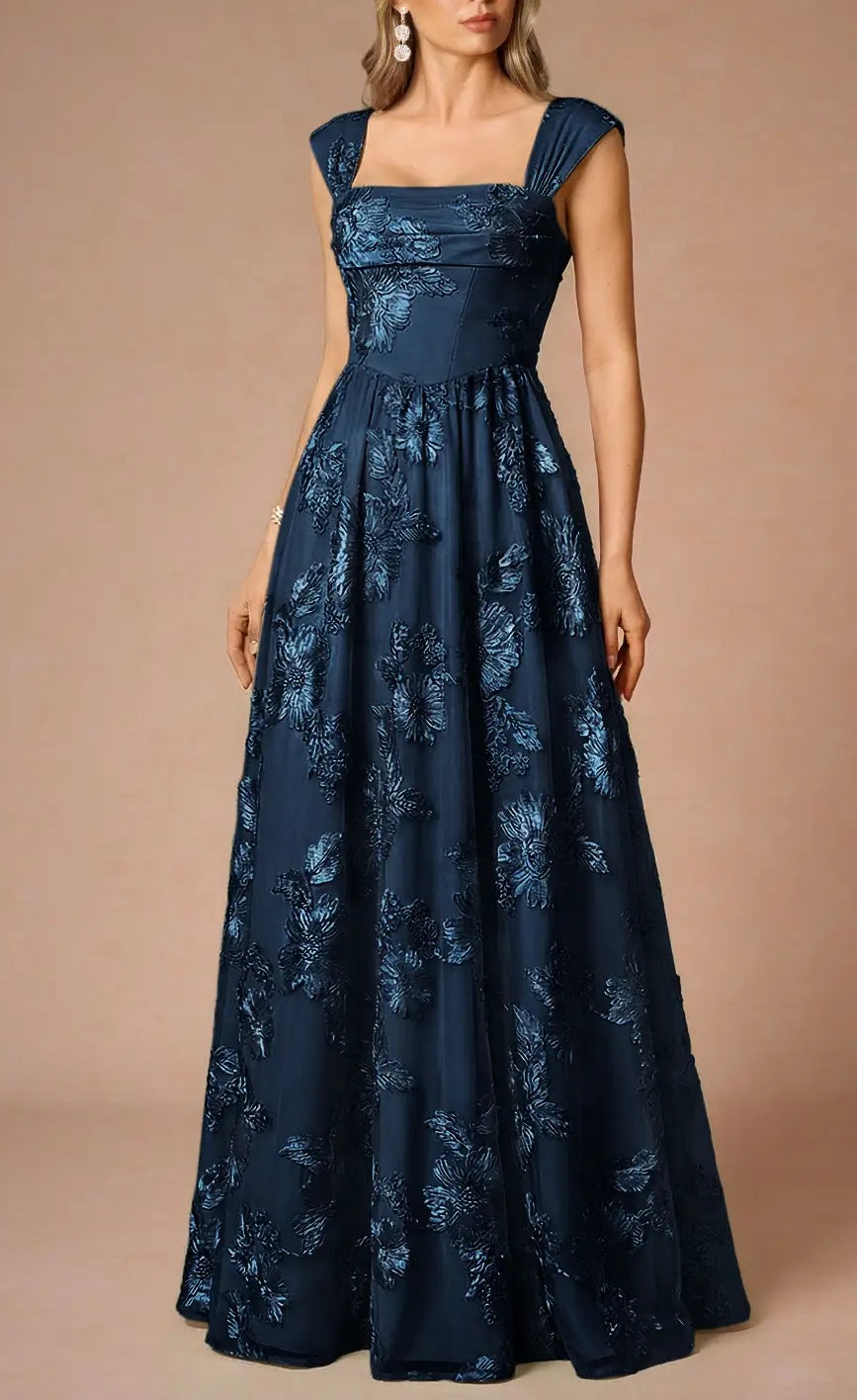 Elegant Navy Blue 3D Floral Applique Square Neck Cap Sleeve A-Line Prom Dress DP8781