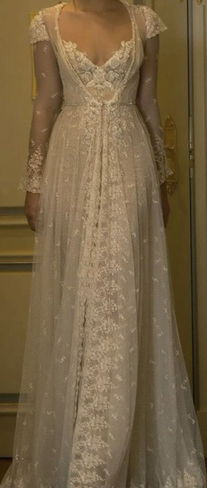 Retro V Neck Long Sleeves A-Line Wedding Dress Lace Formal Long Dress, DP4629