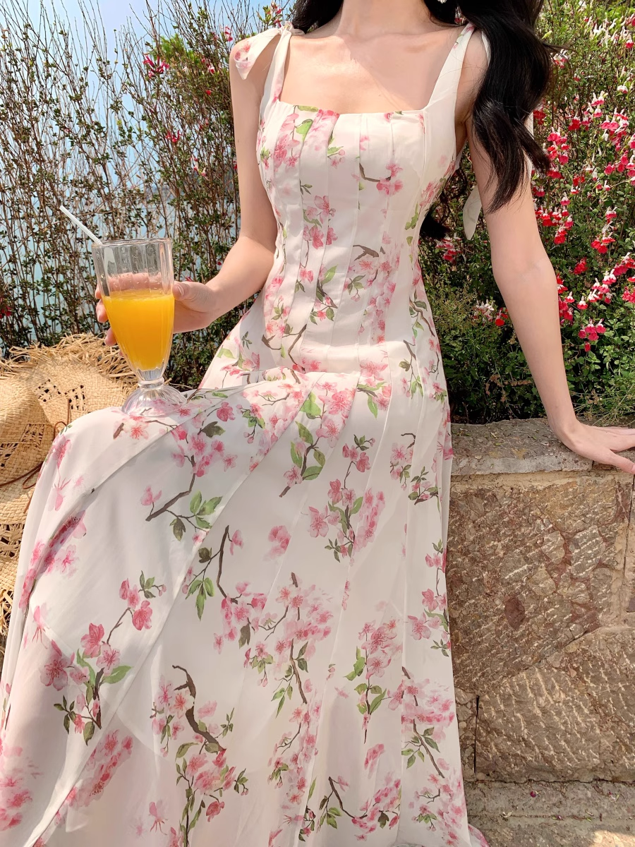Simple Fashion Pink Floral Design A-line Beach Holiday Spaghetti Strap Dress, DP5939