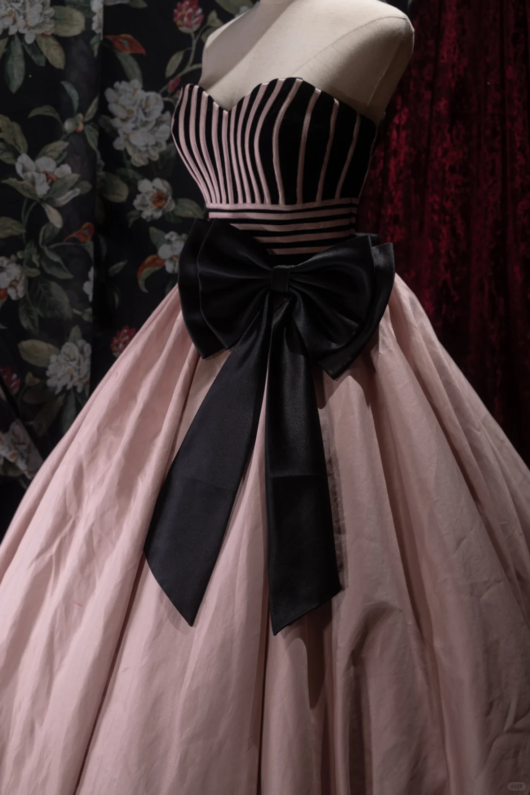 Elegant Pink  Black Striped Bodice Sweetheart Strapless Bow Ball Gown DP8345