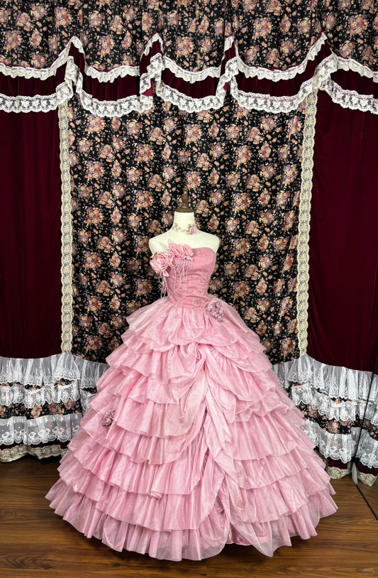 Retro Rosa Trägerloses A-Linie Satin Quinceanera Kleid Sweet 16 Geburtstag Ballkleid, DP5922