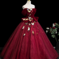 Vintage Burgundy 3D Butterflies Sweet 16 Quinceanera Off-the-shoulder Evening Dress Floor Length Ball Gown DP6909
