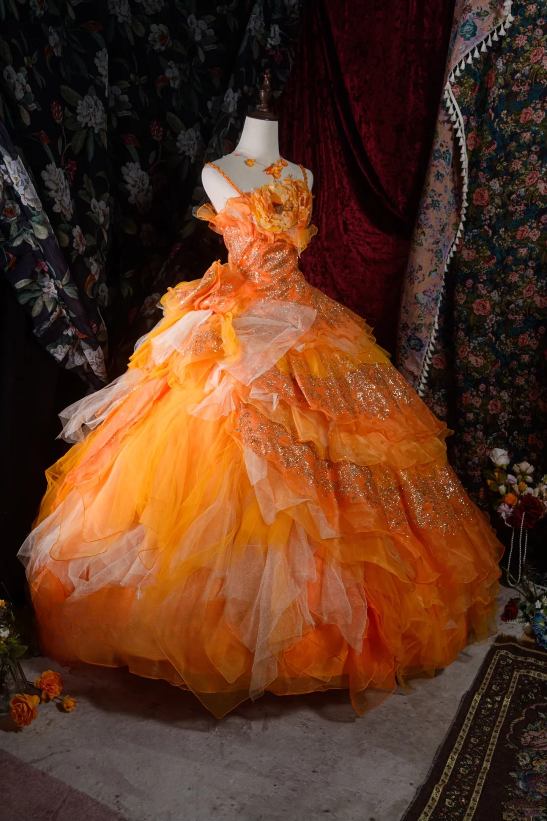 Elegant Orange Detachable Ruffled Tiered Beaded Sweet 16 Quinceanera Ball Gown DP7412