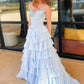 Dreamy Strapless Swetheart Ruffled Tiered High Slit Ball Gown DP8159