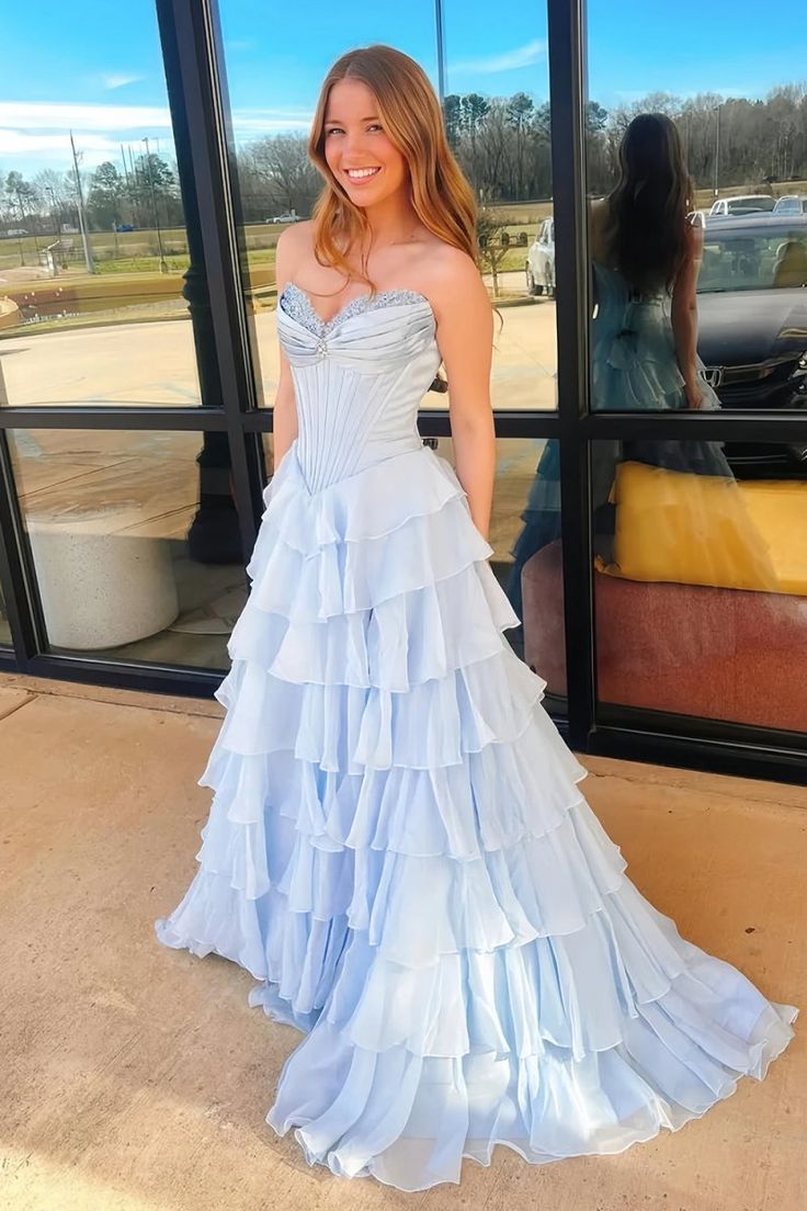 Dreamy Strapless Swetheart Ruffled Tiered High Slit Ball Gown DP8159